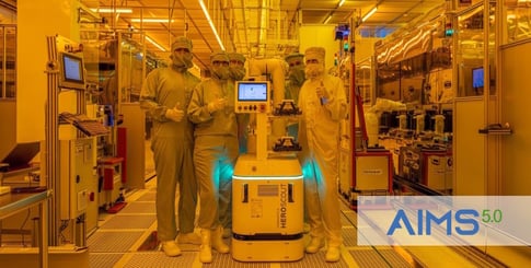 The HERO Scout autonomous mobile robot by Fabmatics in a semiconductor cleanroom during evaluation activities within the AIMS 5.0 project at Infineon Dresden.